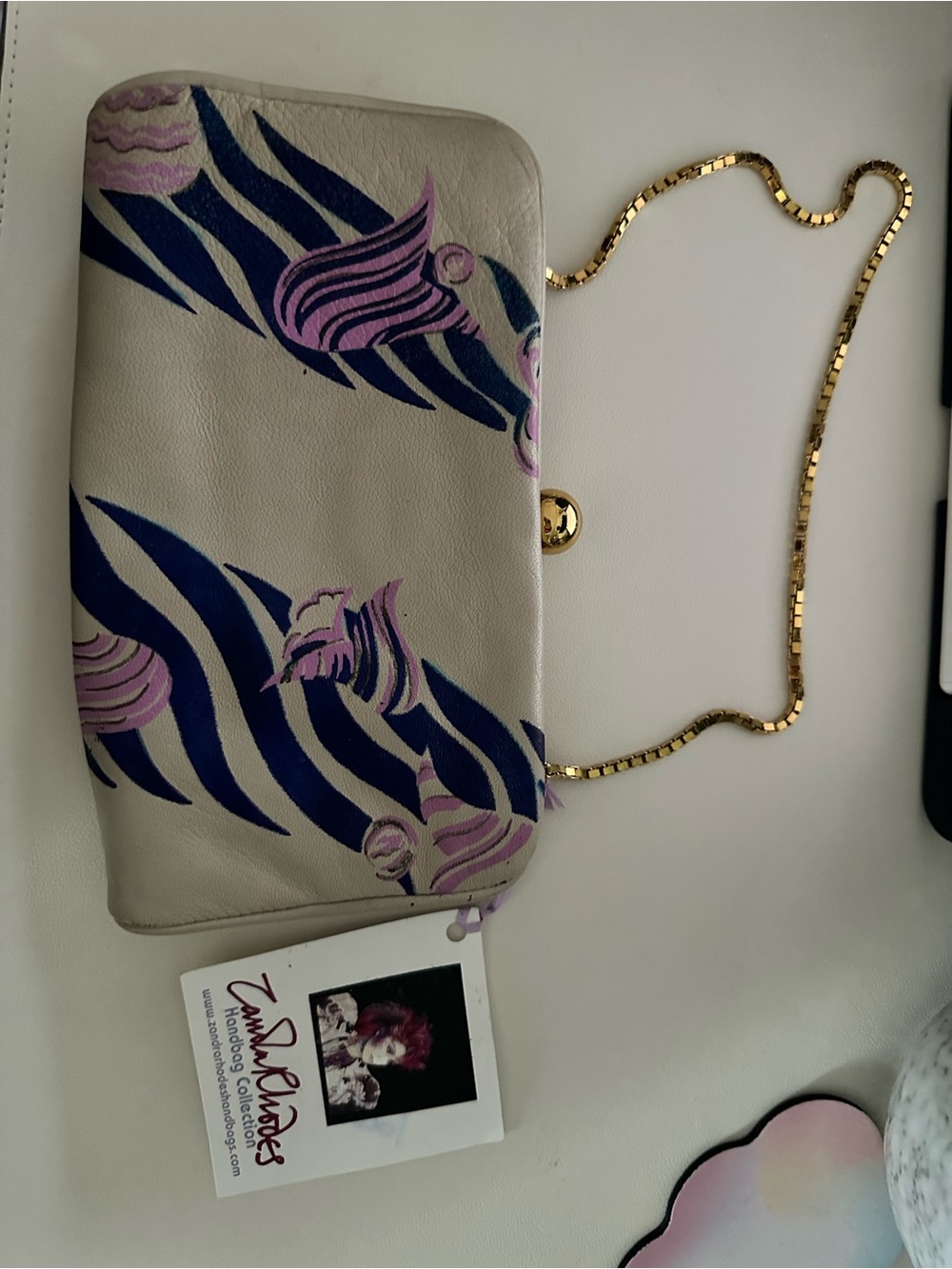 Zandra Rhodes Zebra Print Beige Leather Clutch with Gold Chain Strap